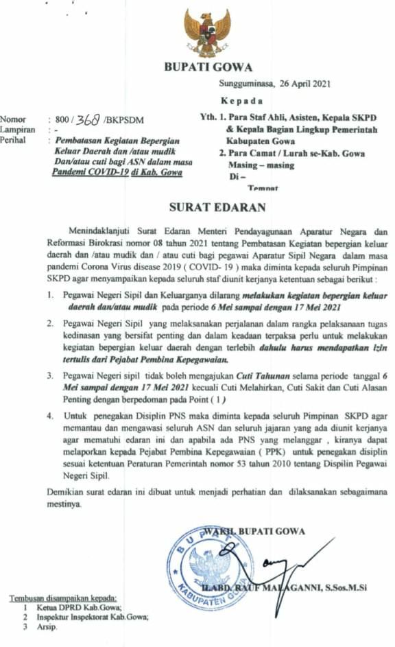 Bupati Gowa Keluarkan Surat Edaran Larangan Mudik dan Cuti Lebaran Bagi ASN 